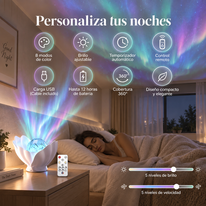 Proyector de aurora boreal con forma de concha