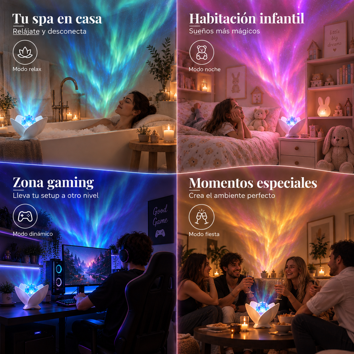 Proyector de aurora boreal con forma de concha