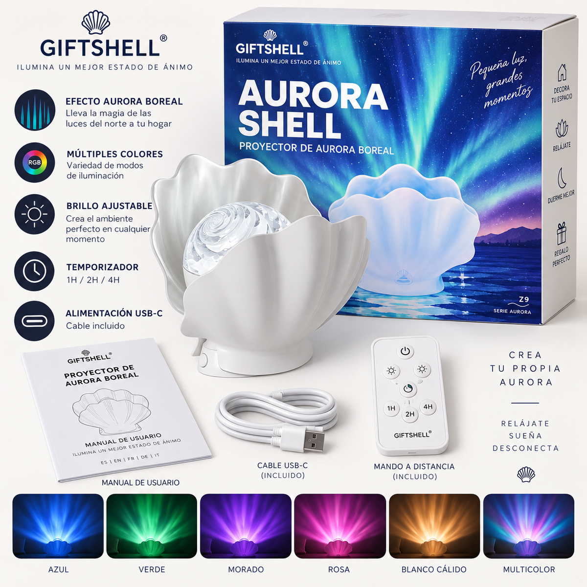 Proyector de aurora boreal con forma de concha